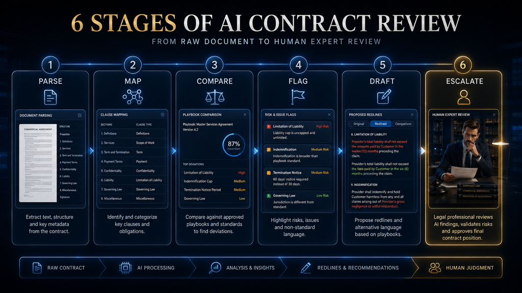 Six-stage AI contract review pipeline from document parsing through clause mapping, comparison, risk flagging, drafting and human escalation.