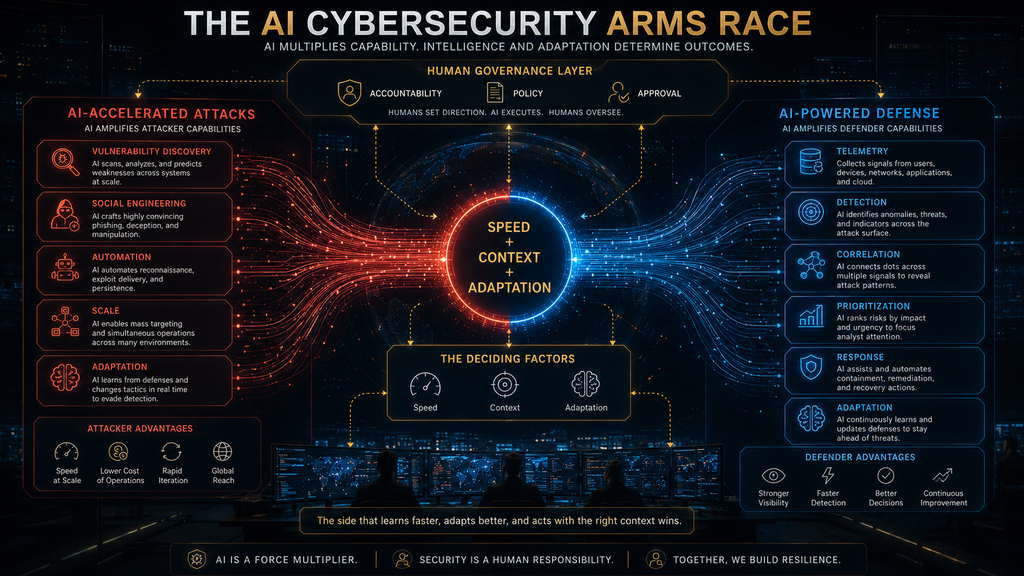 AI cybersecurity arms race showing AI-accelerated attacks and AI-powered defense competing on speed, context and adaptation