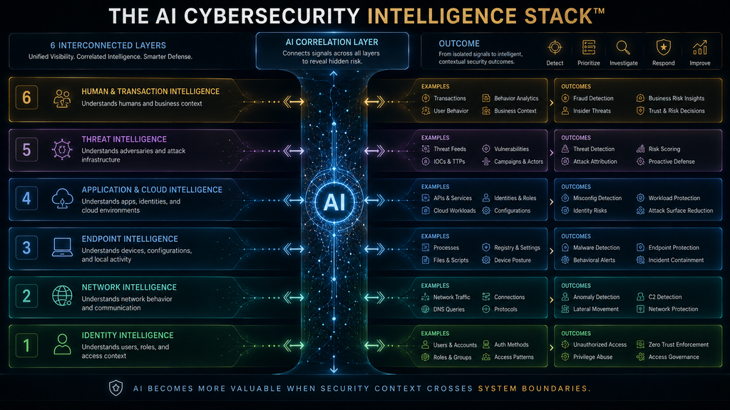 AI Cybersecurity Intelligence Stack connecting identity, network, endpoint, cloud, threat and human intelligence