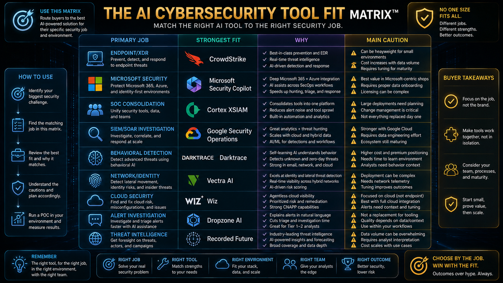 AI Cybersecurity Tool Fit Matrix matching security jobs with the most relevant AI platforms.