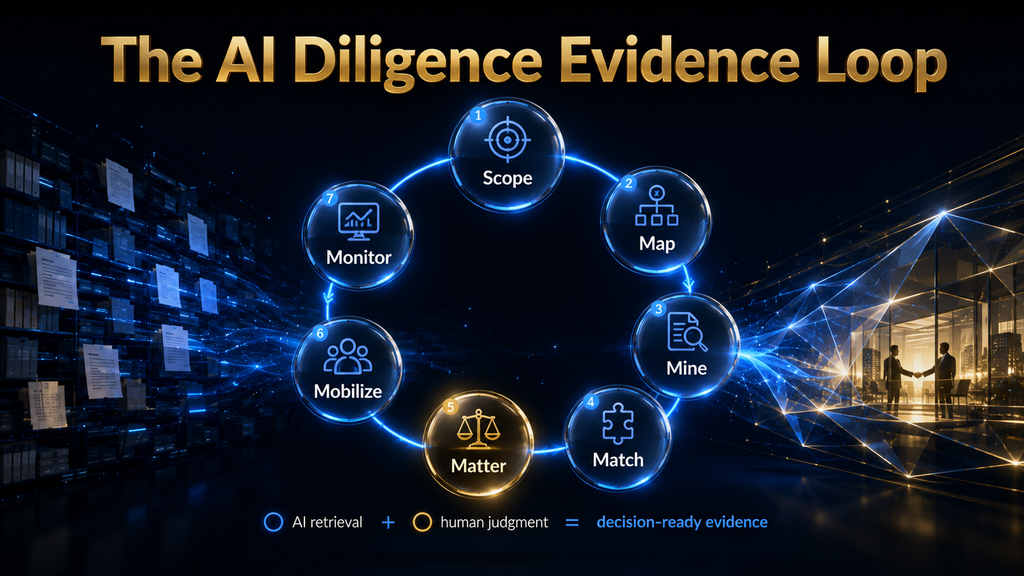 AI Diligence Evidence Loop connecting scope, document mapping, evidence retrieval, human review, action, and monitoring.  