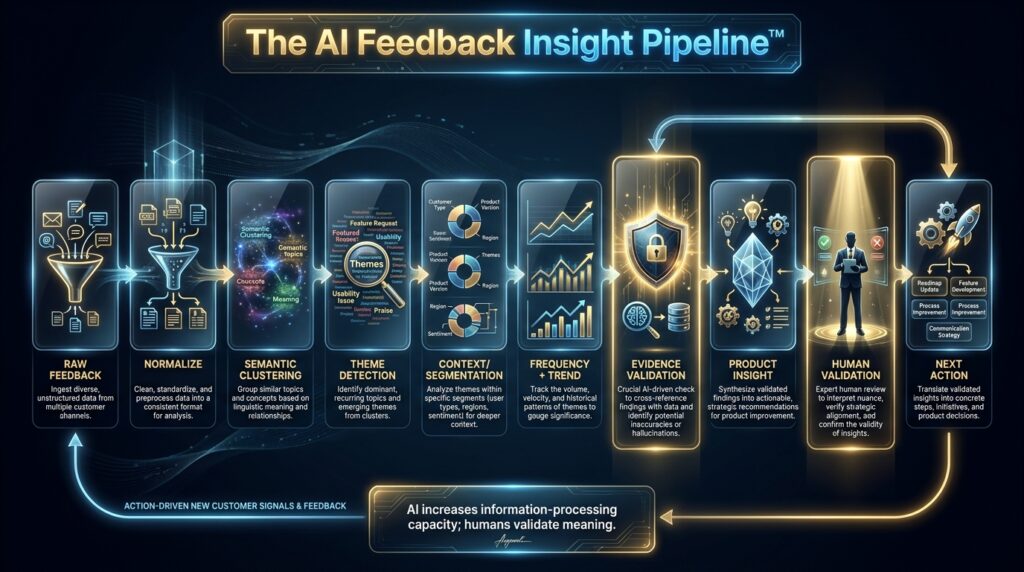 AI feedback analysis pipeline from raw customer comments through clustering, context, evidence validation and product action