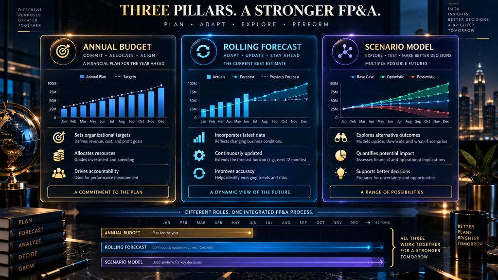 Comparison of annual budgets, rolling forecasts and scenario models in modern FP&A
