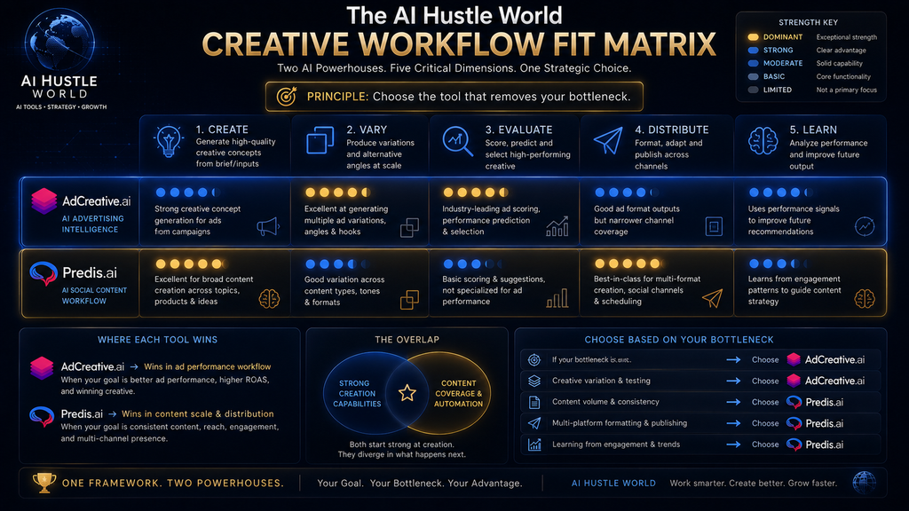 AI Hustle World Creative Workflow Fit Matrix comparing AdCreative.ai and Predis.ai across create vary evaluate distribute and learn