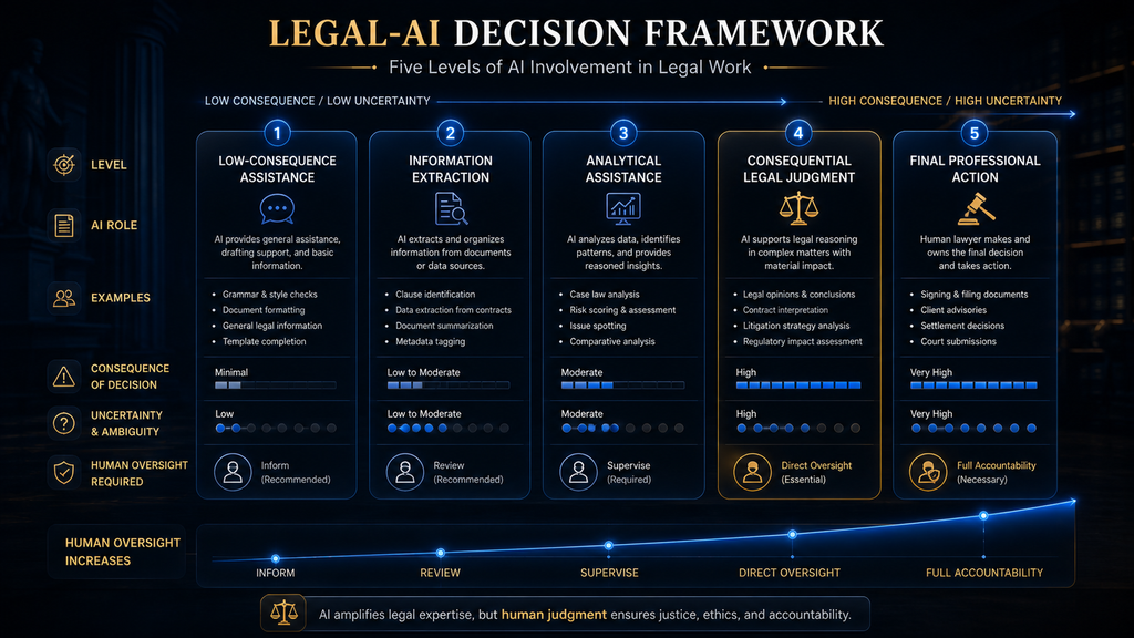 AI legal risk ladder showing increasing human review as consequence and uncertainty increase.