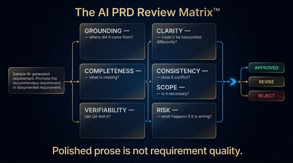 AI PRD Review Matrix for grounding clarity verifiability completeness consistency scope traceability and risk