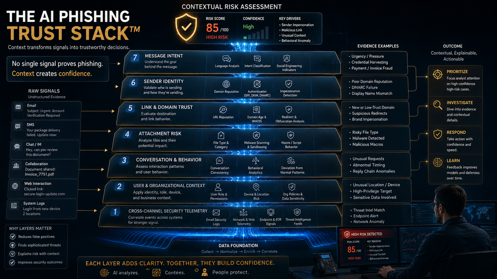 AI Phishing Trust Stack evaluating message intent, sender identity, URLs, behavior, context and telemetry