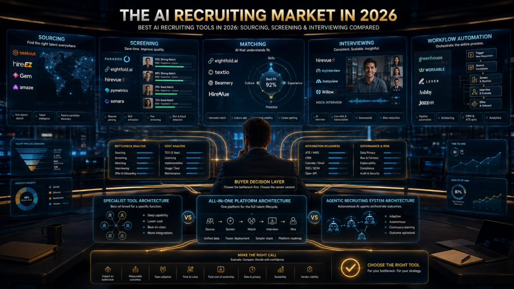 AI recruiting tools comparison showing sourcing, screening, interviewing, platforms and buyer decision criteria