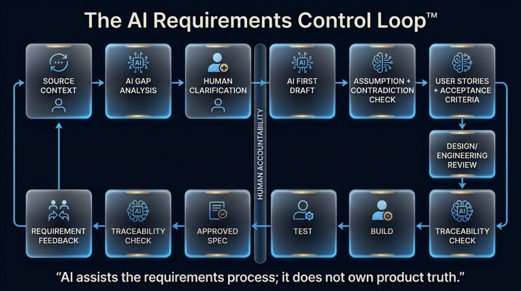 AI Requirements Control Loop from product context and gap analysis to validated product specifications