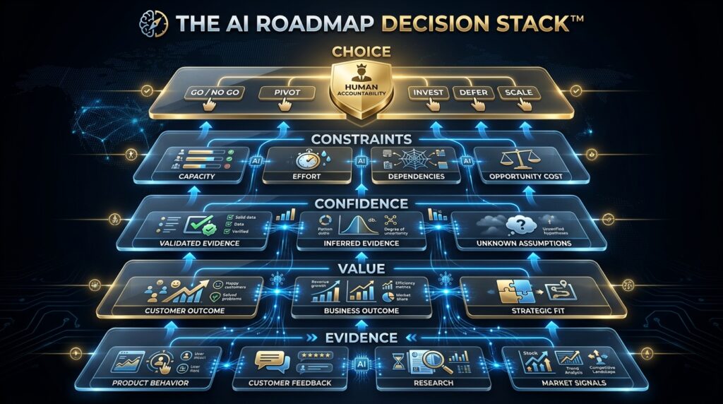 AI Roadmap Decision Stack showing Evidence, Value, Confidence, Constraints, and Choice as five layers of roadmap decision-making.