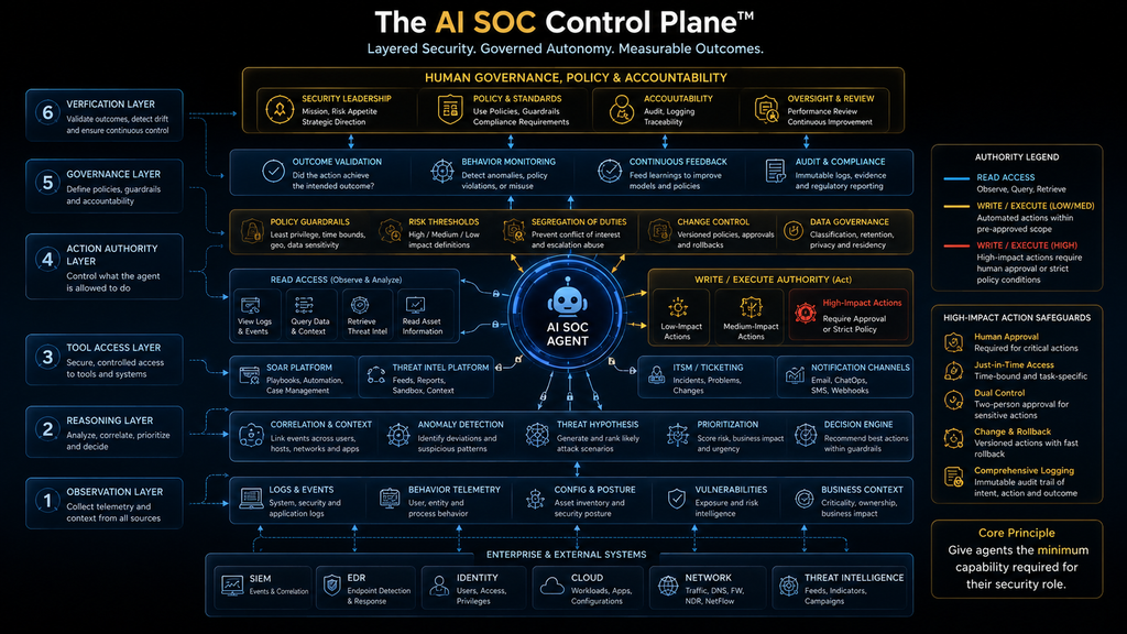 AI SOC Control Plane separating observation, reasoning, tool access, action authority, governance and verification