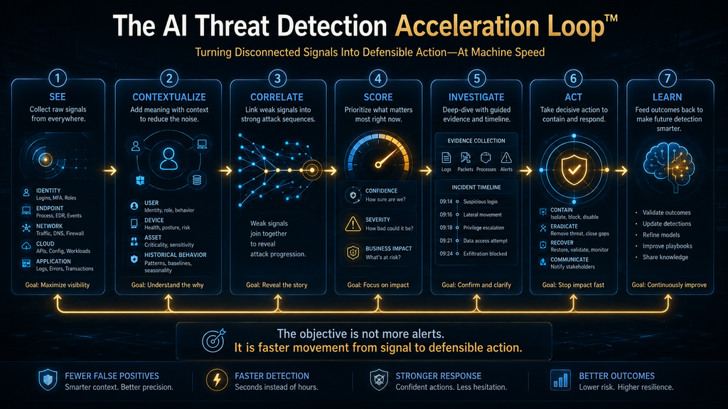 AI Threat Detection Acceleration Loop connecting security telemetry, context, correlation, risk scoring, investigation, response and learning