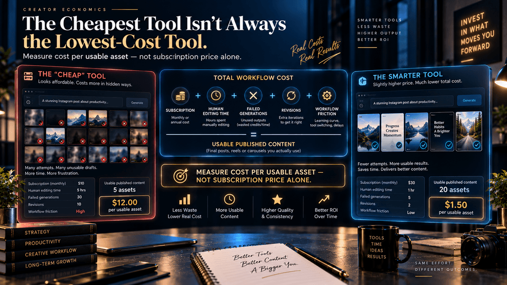 AI Instagram tool economics comparing subscription price with editing time, failed generations and cost per usable published asset.