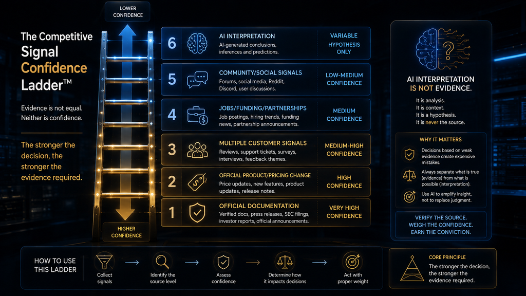 Competitive Signal Confidence Ladder separating verified market evidence from weaker signals and AI inference.