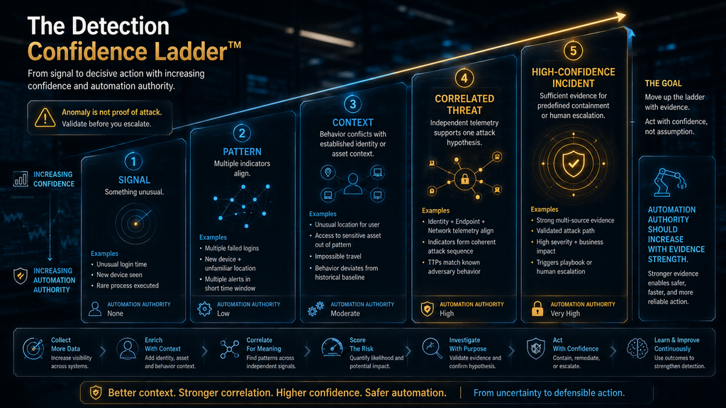 Detection Confidence Ladder showing how security signals progress from anomalies to correlated threats and high-confidence incidents