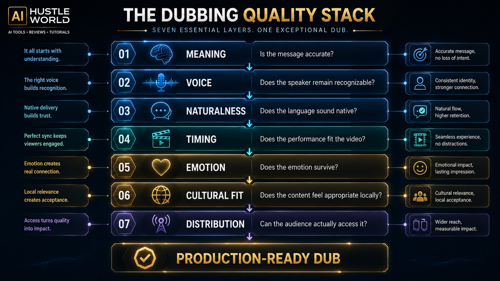 AI Hustle World framework for evaluating the quality of an AI-generated video dub.