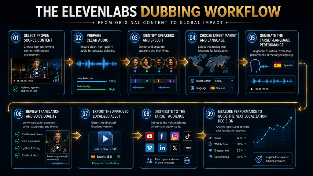 Connected workflow showing how existing content moves through AI dubbing, review, distribution and performance measurement.