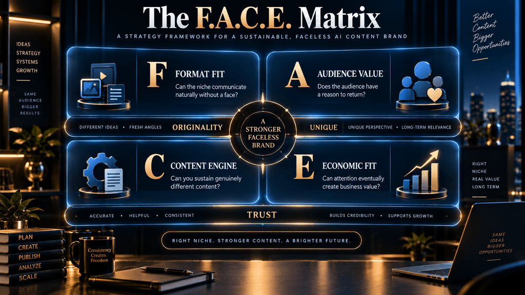 The F.A.C.E. Matrix for selecting a faceless Instagram niche using format fit, audience value, content engine, economic fit, originality and trust.