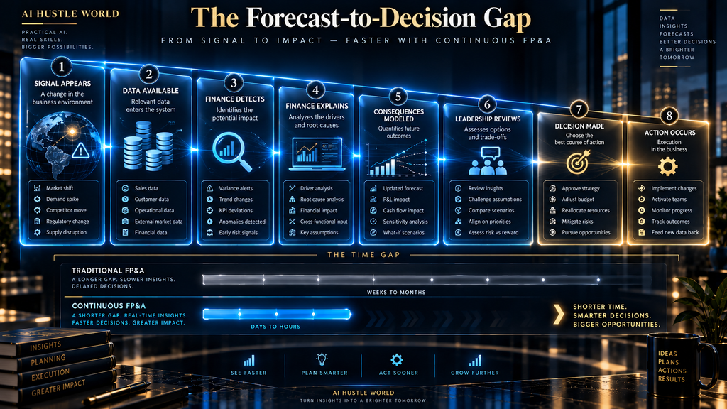 AI Hustle World Forecast-to-Decision Gap showing how continuous FP&A reduces decision latency