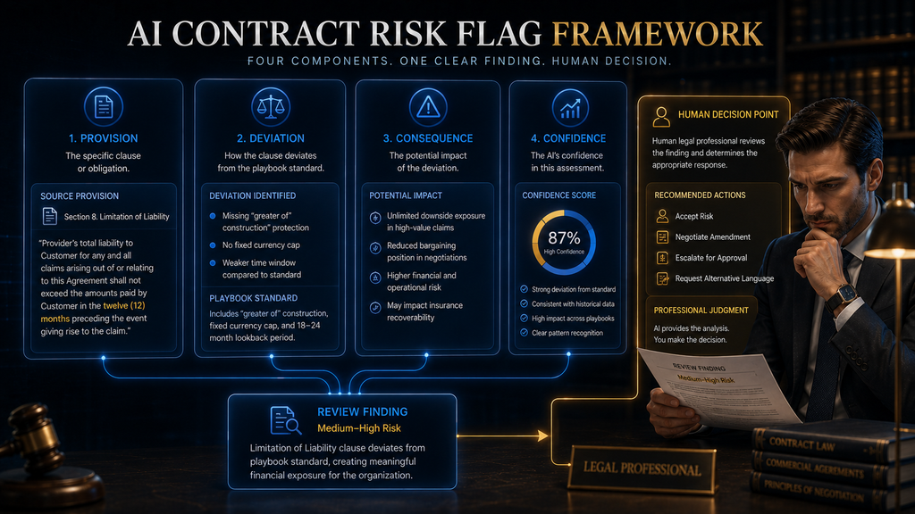 Contract risk flag framework combining the source provision, deviation from the standard, consequence and confidence.