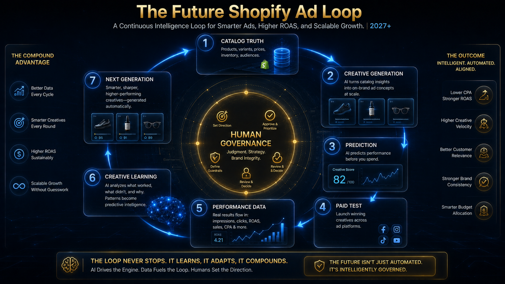 Future Shopify advertising loop connecting product data, AI creative generation, campaign testing and human governance.