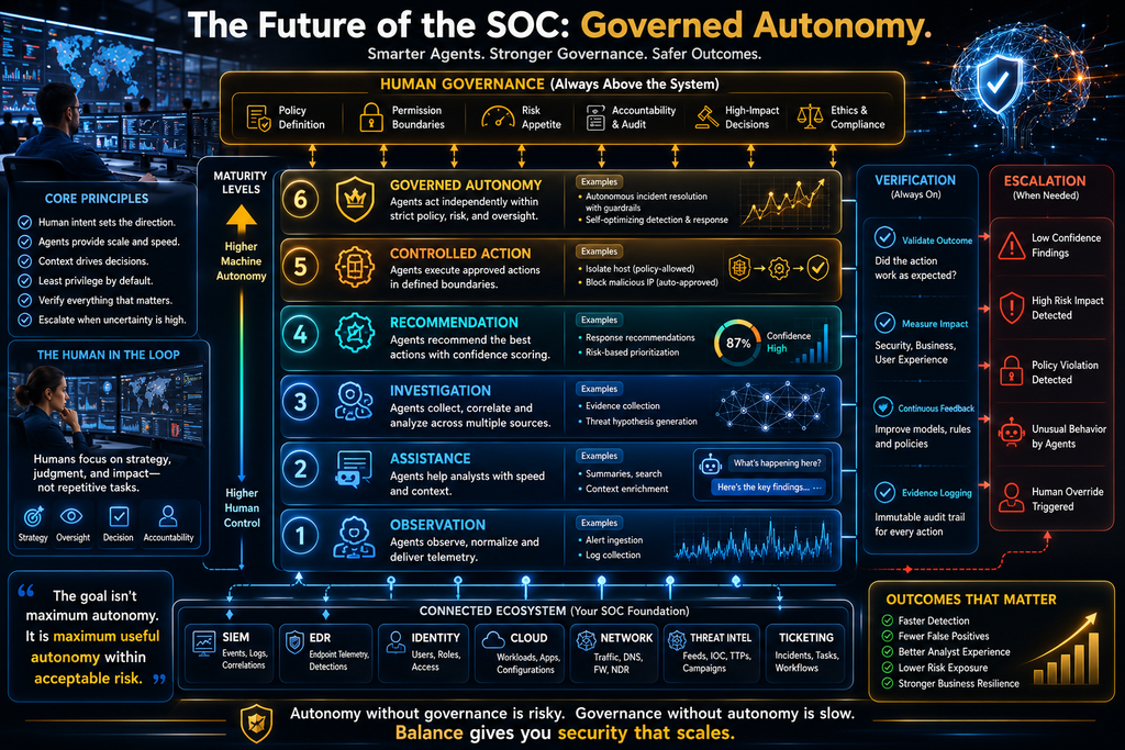AI SOC Autonomy Ladder showing progression from observation to governed autonomy under continuous human governance