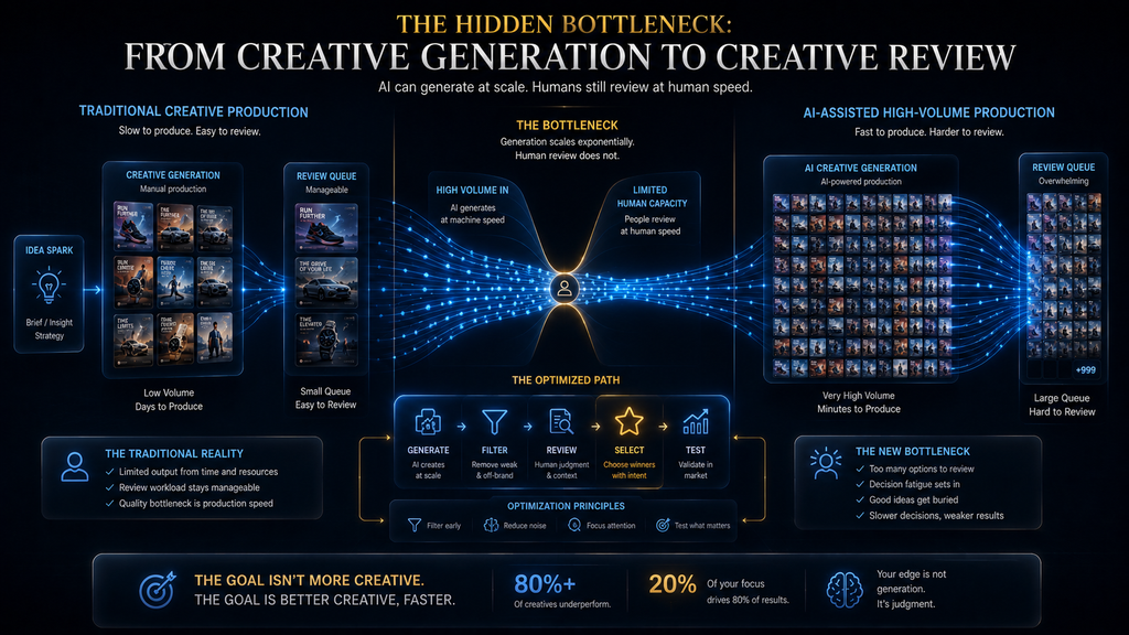 AI creative production bottleneck showing how unlimited generation can shift work from creation to review and selection.