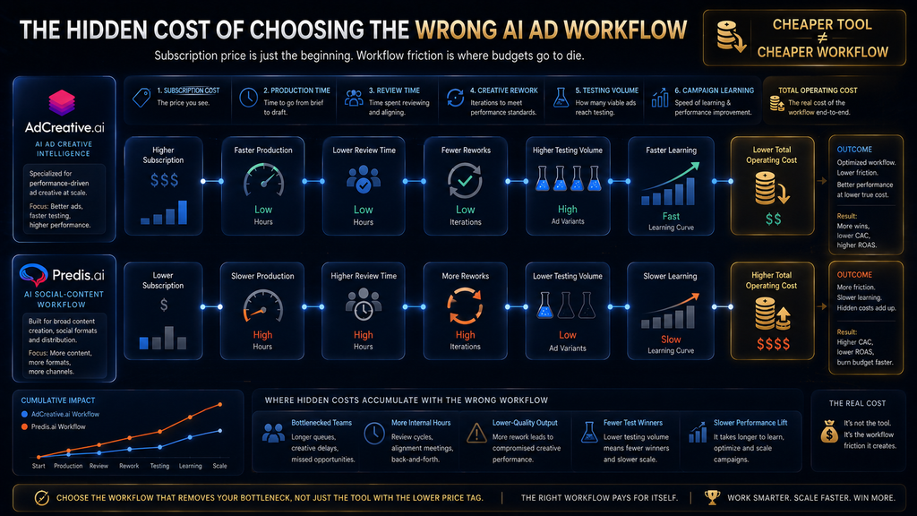 Premium 16:9 strategic technology infographic titled “The Hidden Cost of Choosing the Wrong AI Ad Workflow”. Show an elegant economic funnel beginning with Subscription Cost, flowing through Production Time, Review Time, Creative Rework, Testing Volume and Campaign Learning, ending at Total Operating Cost. Highlight the final concept in subtle gold: “CHEAPER TOOL ≠ CHEAPER WORKFLOW”. Use contrasting paths showing how a lower subscription can create higher operational friction while a more specialized workflow can reduce production bottlenecks. Luxury black/deep navy, electric blue process lines, subtle gold economics emphasis, premium glassmorphism, cinematic technology-magazine lighting, sophisticated consulting-report aesthetic, realistic data visualization, 8K.