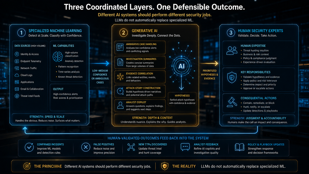 Hybrid AI threat detection architecture combining specialized machine learning, generative AI and human security expertise