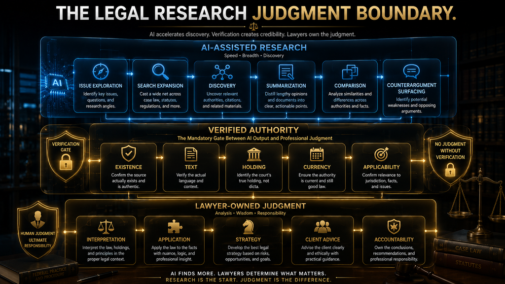 AI Hustle World framework showing the boundary between AI-assisted research, verified authority and lawyer-owned judgment.