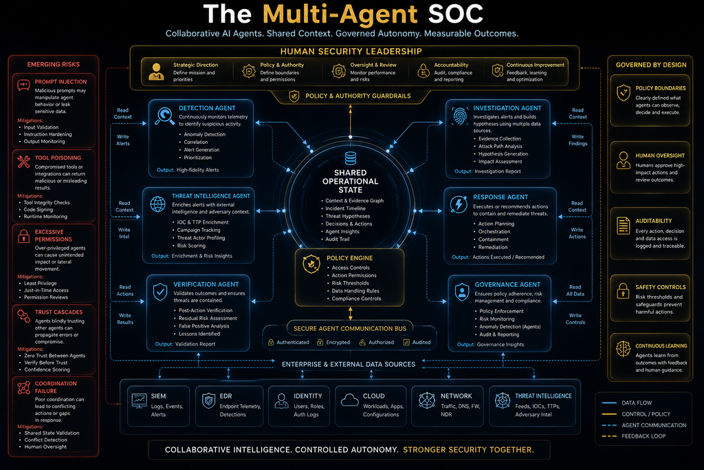 Multi-agent SOC architecture connecting specialized AI security agents with shared state, governance and enterprise security tools