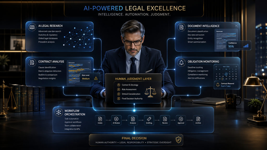 AI-enabled legal workflow showing a lawyer using AI systems for research, contracts, document analysis and workflow management while retaining final human judgment. AI Legal Tech