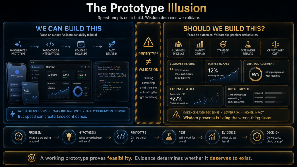 Prototype Illusion showing why a working AI product prototype does not prove customer demand