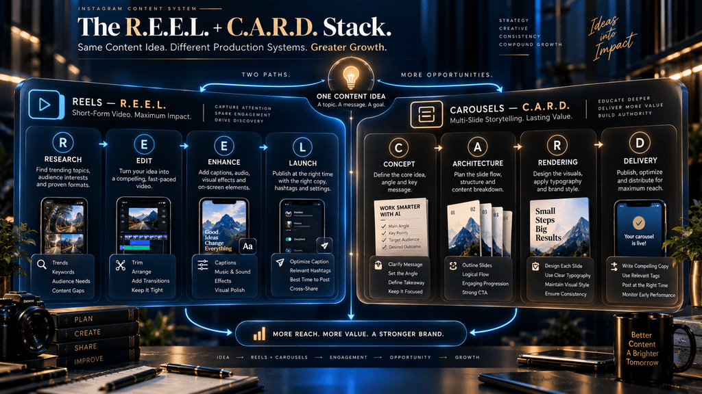 R.E.E.L. and C.A.R.D. framework showing separate AI workflows for creating Instagram Reels and carousels.