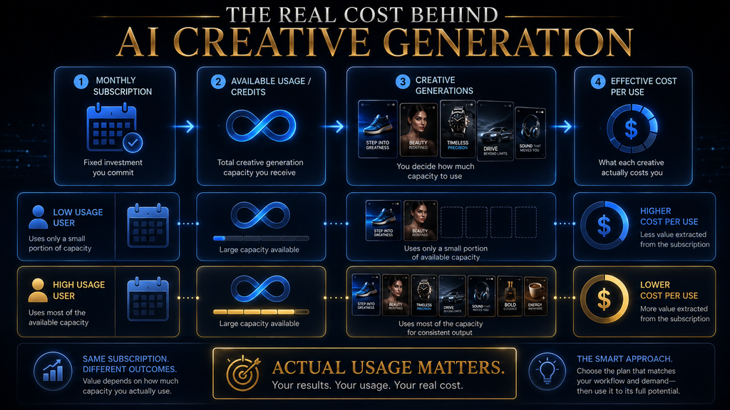 Visual explaining subscription cost, creative usage and effective cost per creative