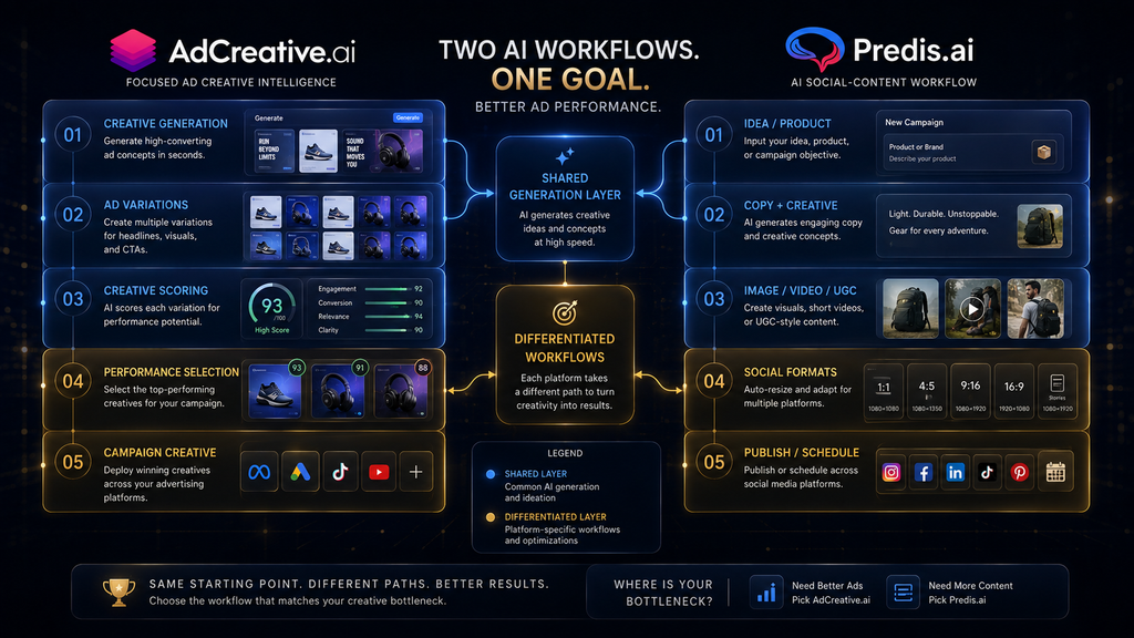 Comparison of AdCreative.ai advertising intelligence workflow and Predis.ai broader social content production workflow