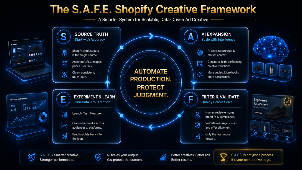 S.A.F.E. framework for managing Shopify product accuracy and AI advertising creative.