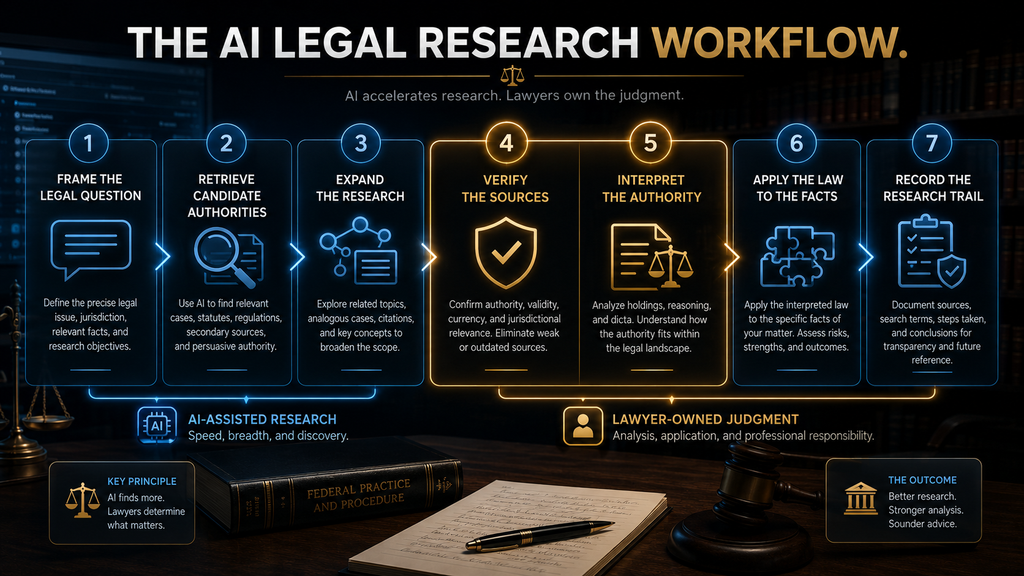 Seven-stage AI legal research workflow from framing the issue through verification and legal application.