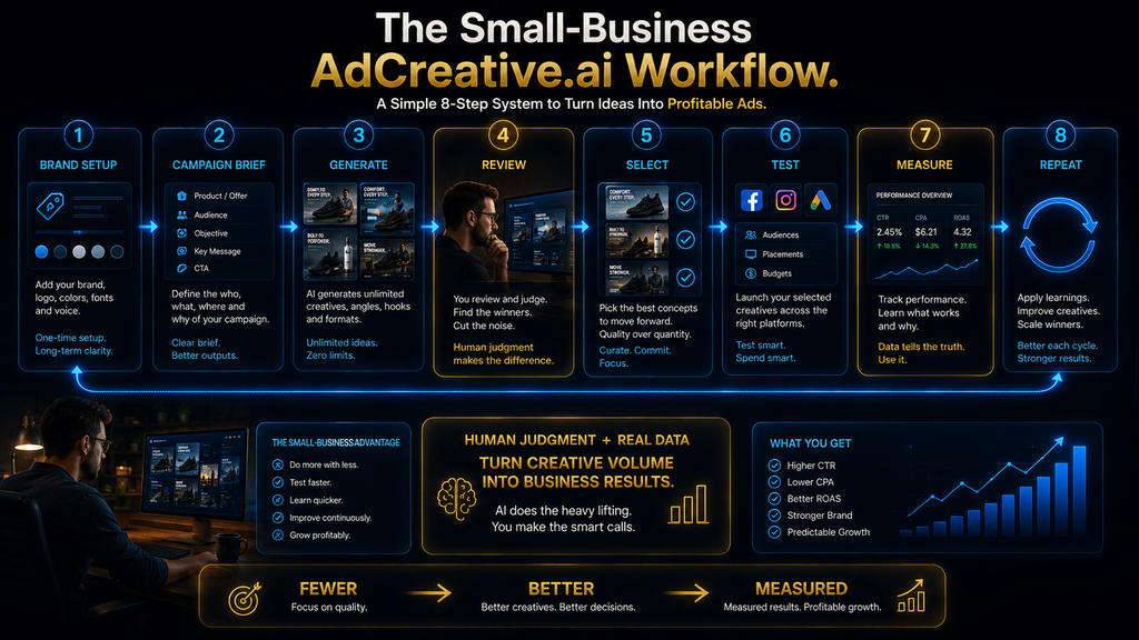 Small-business workflow for using AdCreative.ai from campaign brief through creative testing and measurement.