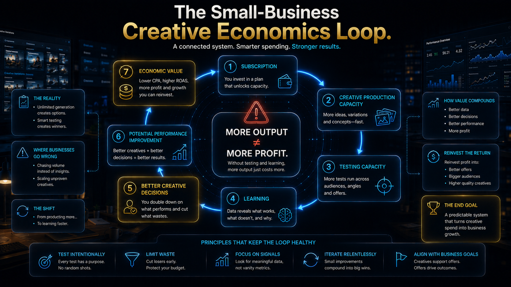 Creative economics loop showing how AdCreative.ai value depends on testing and decision quality rather than output volume alone.