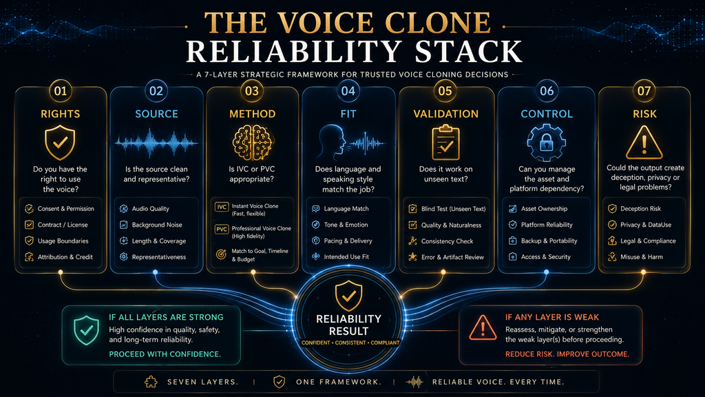 AI Hustle World framework for evaluating the reliability of an ElevenLabs voice clone.