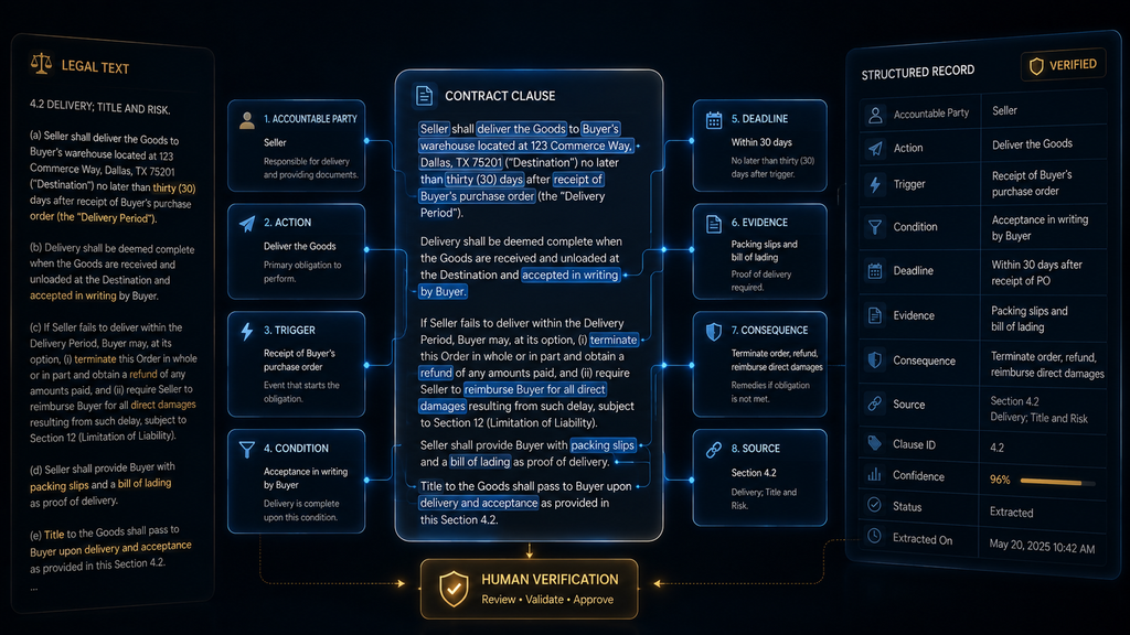 Annotated contract clause connected to party, action, trigger, condition, deadline, evidence, consequence, and source fields.
