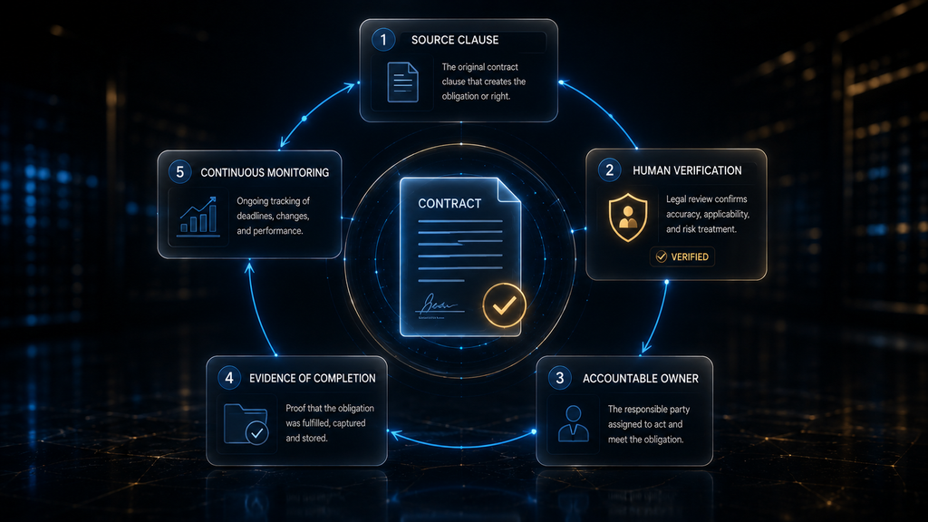 16:9 cinematic closing image. A circular, closed-loop workflow made of five refined glass elements: source clause, human verification, accountable owner, evidence of completion, and continuous monitoring. At the center, a calm luminous contract icon with a subtle gold check mark. Deep black and navy background, electric-blue circular connectors, restrained gold accents, premium editorial clarity, no generic people, glassmorphism, ultra-detailed 8K, no watermark, no distorted text, no excessive neon.