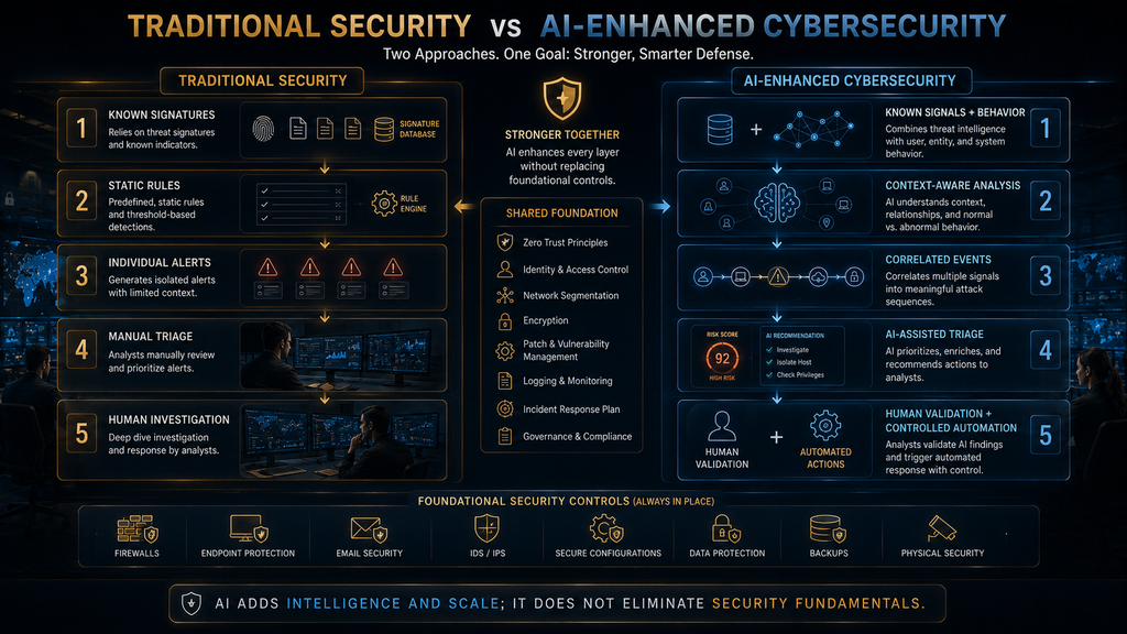 Comparison of traditional cybersecurity detection with AI-enhanced behavioral analysis, correlation and human validation