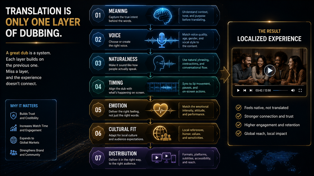 Visual explaining why AI dubbing requires translation, voice, timing, emotion and localization rather than translation alone.