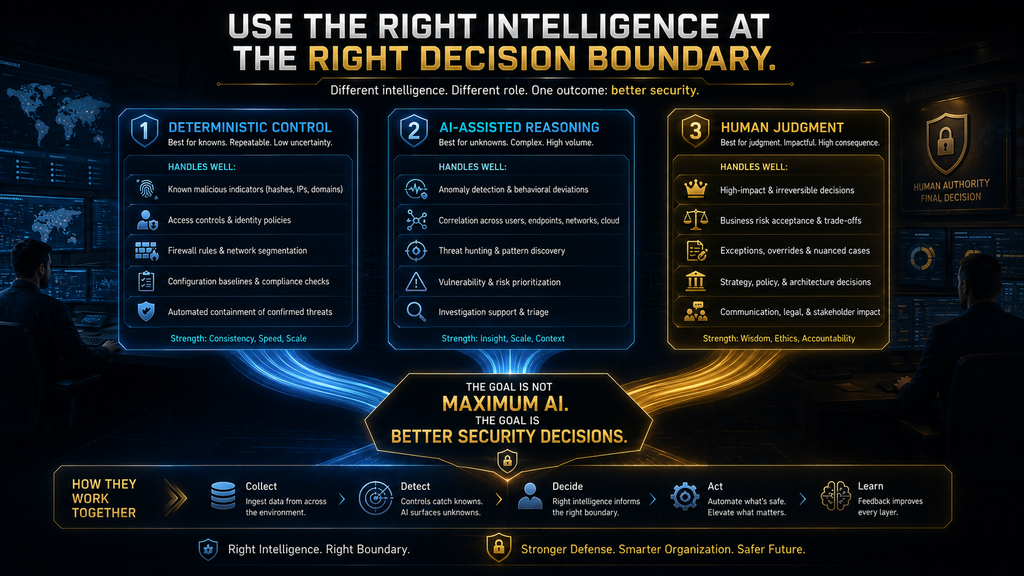 Final cybersecurity framework showing the right balance between deterministic controls, AI reasoning and human judgment.