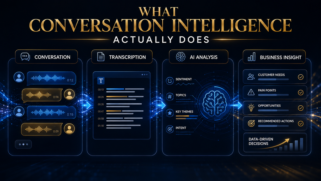 Four-stage diagram showing how AI conversation intelligence transforms conversations into business insights.