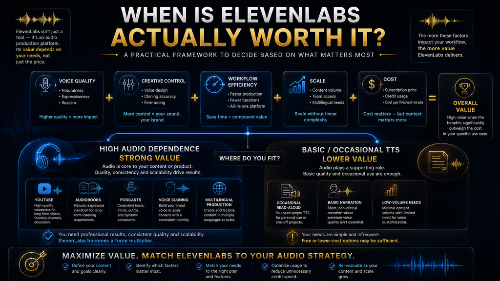 ElevenLabs value framework comparing voice quality, control, workflow, scale and cost.