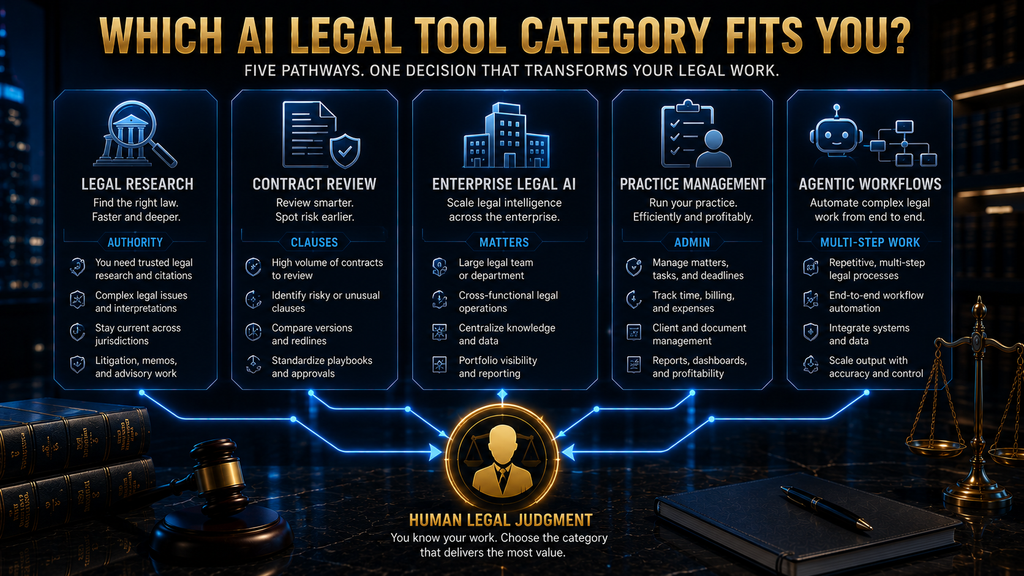 Buyer comparison showing which AI legal tool category fits research, contract, enterprise, practice-management and agentic workflow needs.
