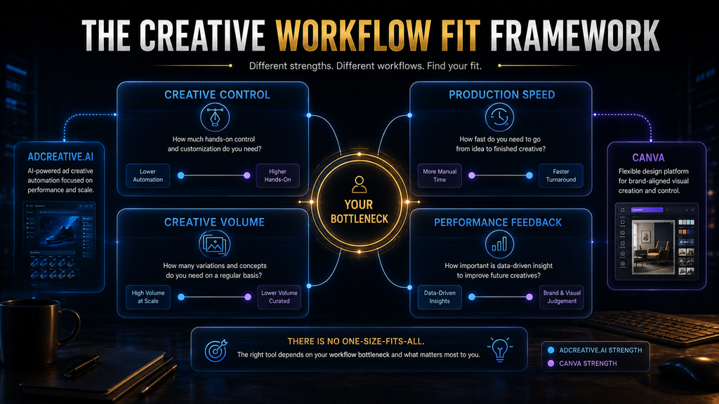 AI Hustle World framework for choosing Canva or AdCreative.ai based on creative workflow needs.